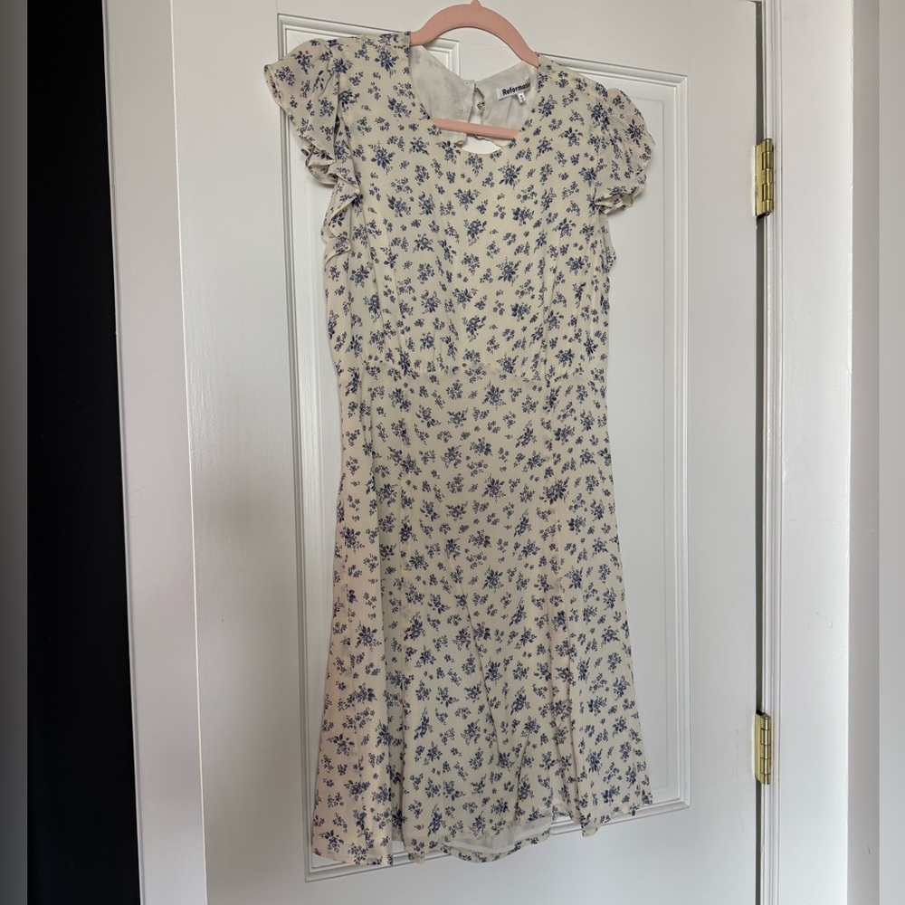 Reformation Idalia Blue Floral Print Dress with Open Back and Flutter Sleeves